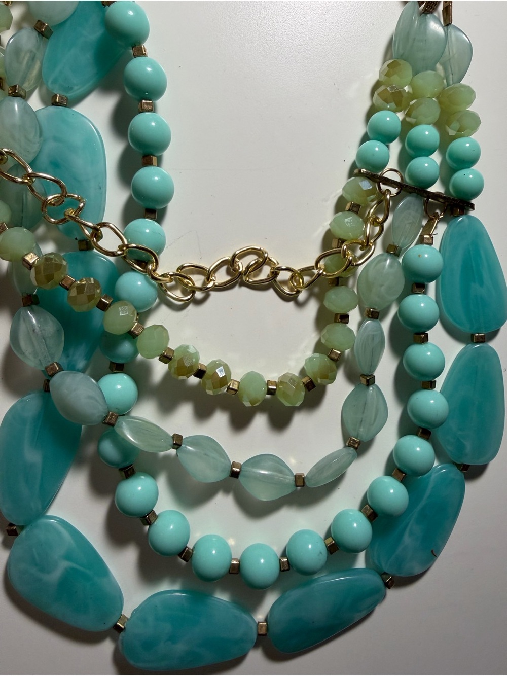 Multi-Strand Aqua Bead Statement Necklace - Gold Chain - Picture 2 of 3
